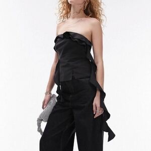 Topshop Black Sleeveless Asymmetrical Blouse with Tie Front and Bib Collar